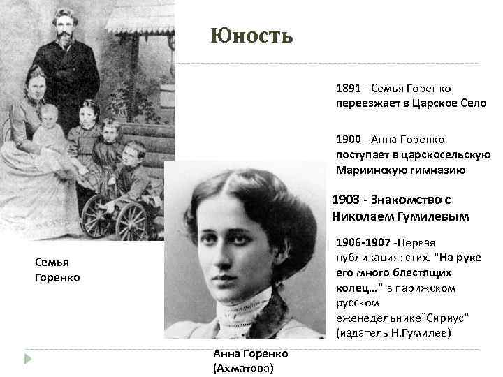 Юность 1891 - Семья Горенко переезжает в Царское Село 1900 - Анна Горенко поступает