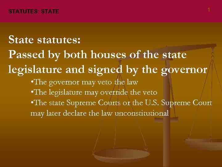 STATUTES: STATE 1 State statutes: Passed by both houses of the state legislature and