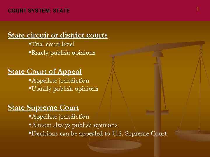 COURT SYSTEM: STATE State circuit or district courts • Trial court level • Rarely