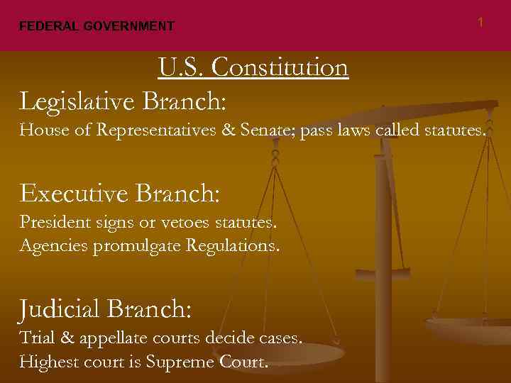 FEDERAL GOVERNMENT 1 U. S. Constitution Legislative Branch: House of Representatives & Senate; pass