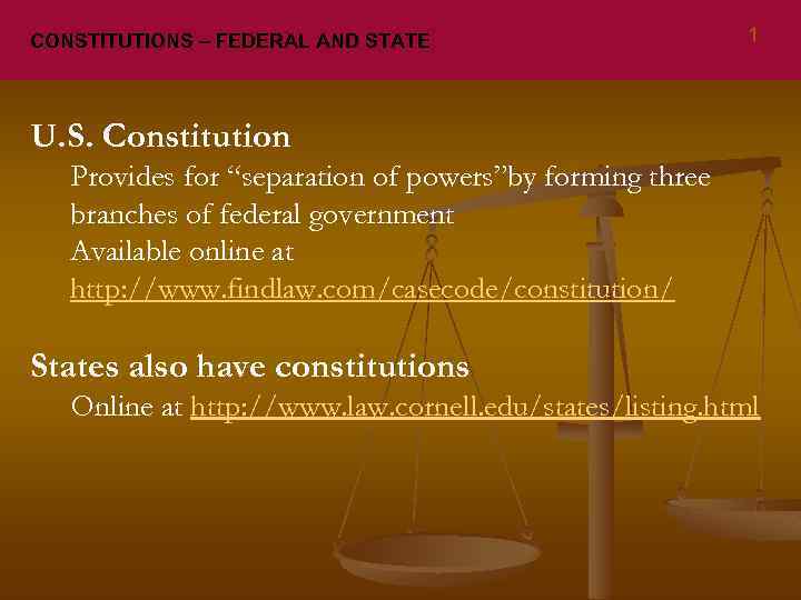 CONSTITUTIONS – FEDERAL AND STATE 1 U. S. Constitution Provides for “separation of powers”by
