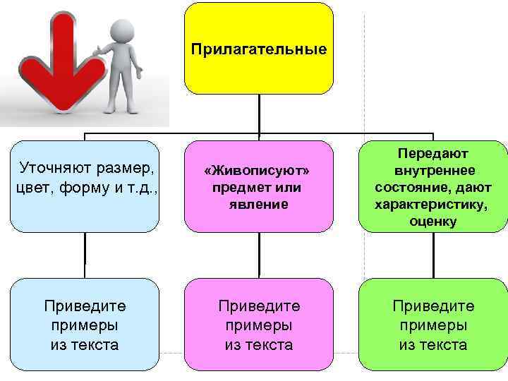 Прилагательные Уточняют размер, цвет, форму и т. д. , «Живописуют» предмет или явление Передают