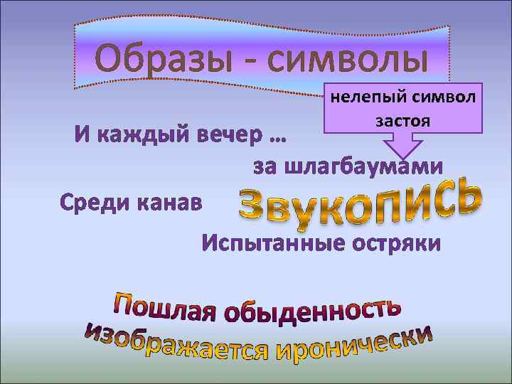 Образы - символы нелепый символ застоя И каждый вечер … за шлагбаумами Среди канав