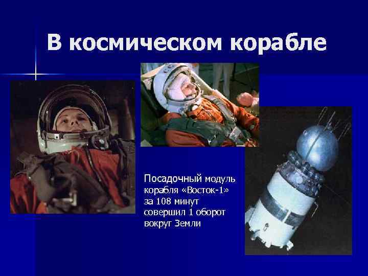 В космическом корабле Посадочный модуль корабля «Восток-1» за 108 минут совершил 1 оборот вокруг