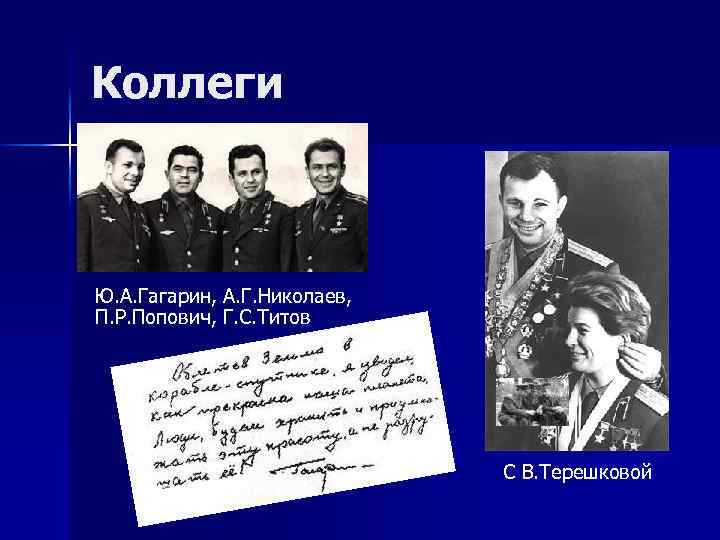Коллеги Ю. А. Гагарин, А. Г. Николаев, П. Р. Попович, Г. С. Титов С