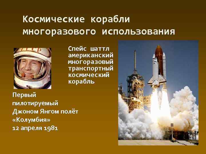 Космические корабли многоразового использования Спейс шаттл американский многоразовый транспортный космический корабль Первый пилотируемый Джоном