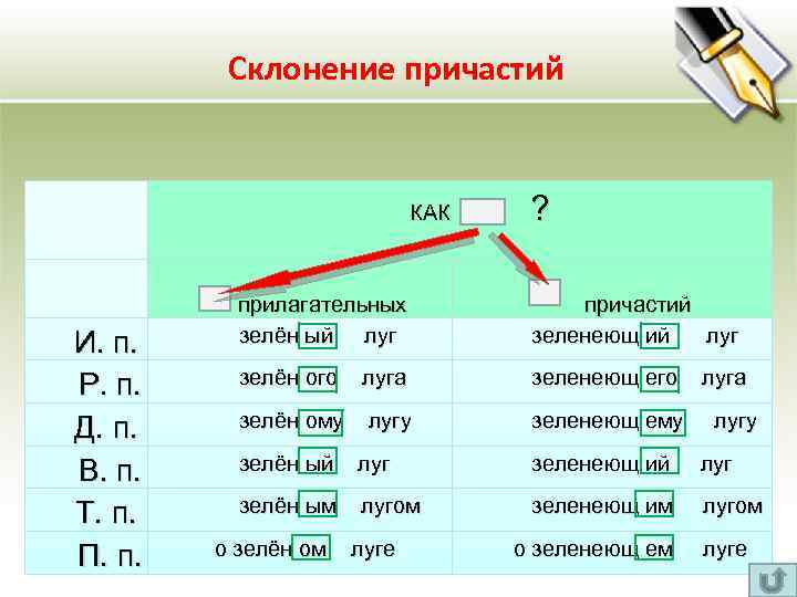 Склонение причастий КАК И. п. Р. п. Д. п. В. п. Т. п. П.