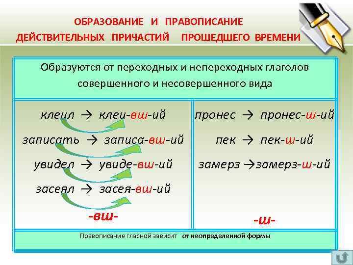 ОБРАЗОВАНИЕ И ПРАВОПИСАНИЕ ДЕЙСТВИТЕЛЬНЫХ ПРИЧАСТИЙ ПРОШЕДШЕГО ВРЕМЕНИ Образуются от переходных и непереходных глаголов совершенного