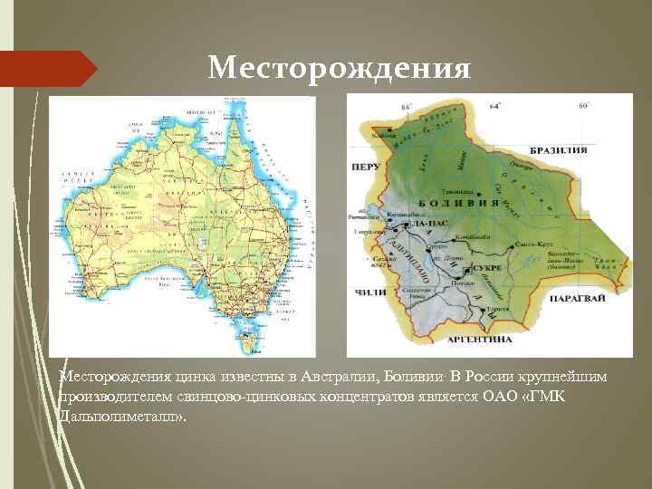 Месторождения цинка известны в Австралии, Боливии. В России крупнейшим производителем свинцово-цинковых концентратов является ОАО