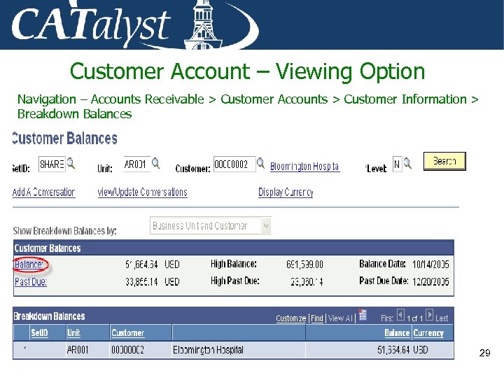 Customer Account – Viewing Option Navigation – Accounts Receivable > Customer Accounts > Customer