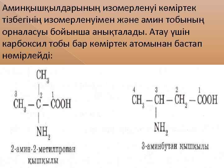 Аминқышқылдарының изомерленуі көміртек тізбегінің изомерленуімен және амин тобының орналасуы бойынша анықталады. Атау үшін карбоксил