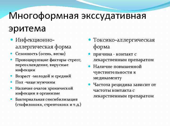 Многоформная экссудативная эритема Инфекционноаллергическая форма Токсико-аллергическая форма Сезонность (осень, весна) Провоцирующие факторы-стресс, переохлаждение, вирусные