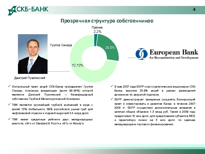 4 Прозрачная структура собственников Прочие 2. 2% Группа Синара 25. 0% 72. 72% Дмитрий