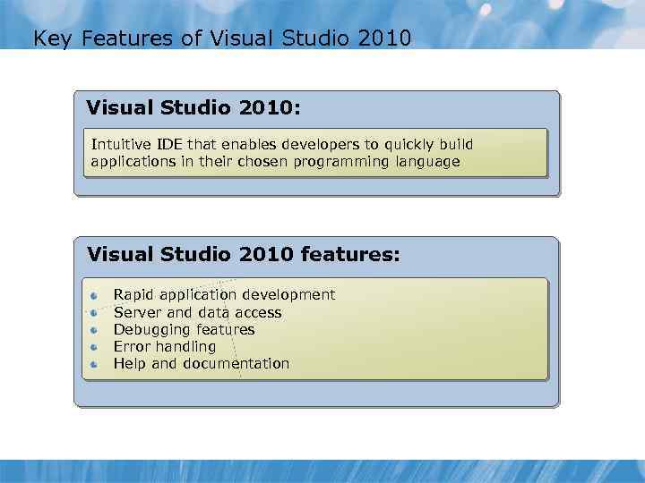 Key Features of Visual Studio 2010: Intuitive IDE that enables developers to quickly build