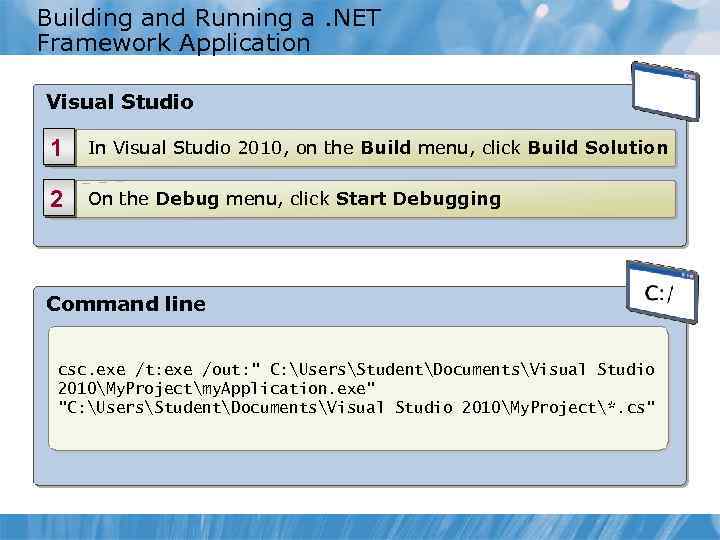 Building and Running a. NET Framework Application Visual Studio 1 In Visual Studio 2010,