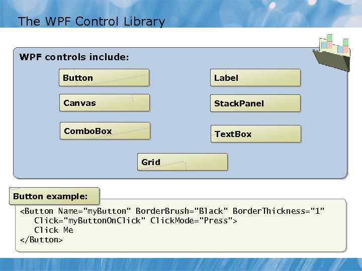 The WPF Control Library WPF controls include: Button Label Canvas Stack. Panel Combo. Box