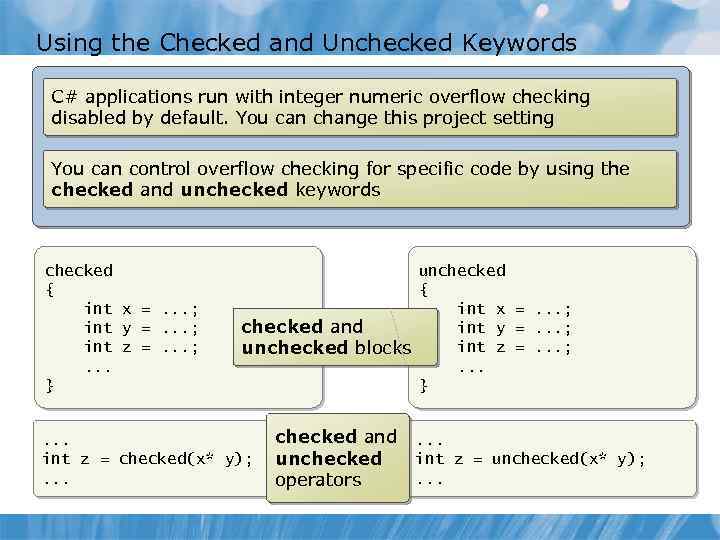 Using the Checked and Unchecked Keywords C# applications run with integer numeric overflow checking