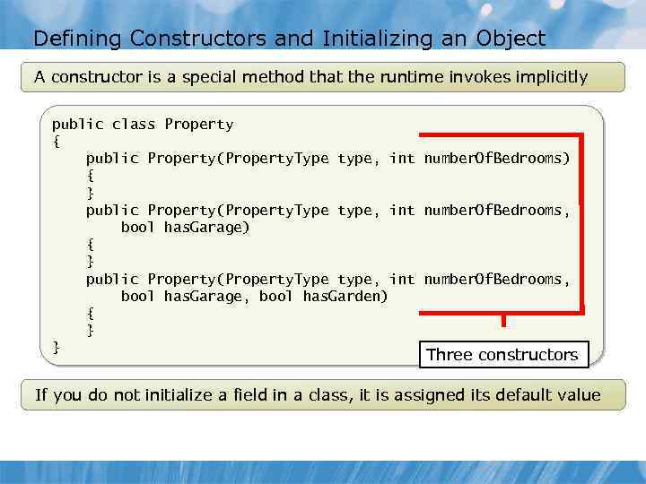 Defining Constructors and Initializing an Object A constructor is a special method that the