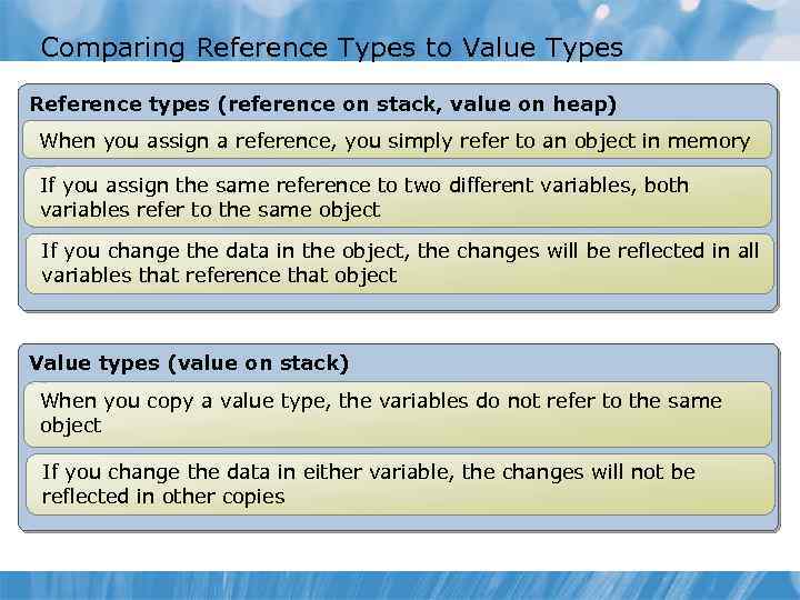 Comparing Reference Types to Value Types Reference types (reference on stack, value on heap)