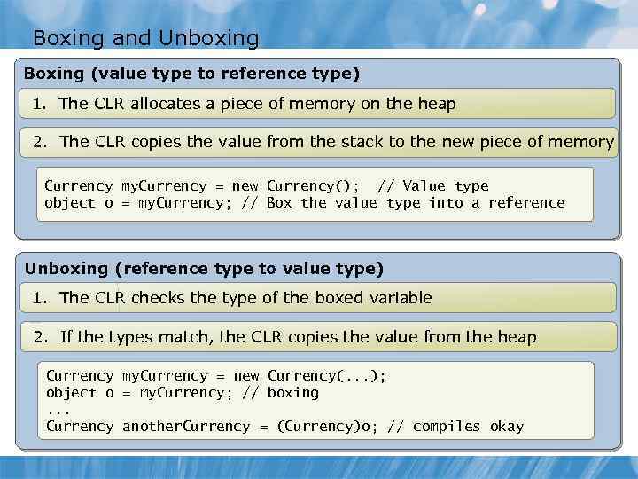 Boxing and Unboxing Boxing (value type to reference type) 1. The CLR allocates a