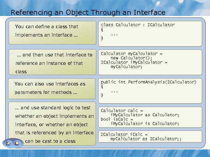 Referencing an Object Through an Interface You can define a class that implements an