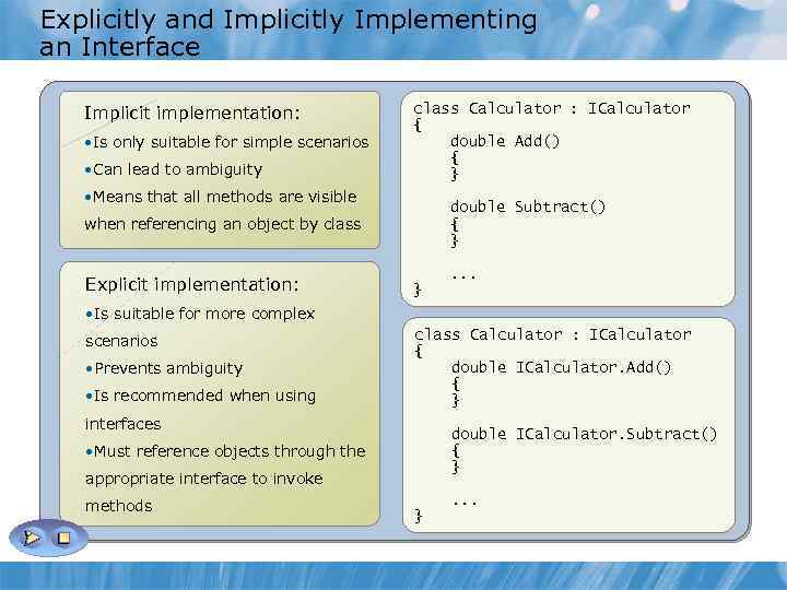 Explicitly and Implicitly Implementing an Interface Implicit implementation: • Is only suitable for simple