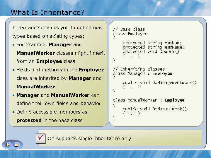 What Is Inheritance? Inheritance enables you to define new types based on existing types: