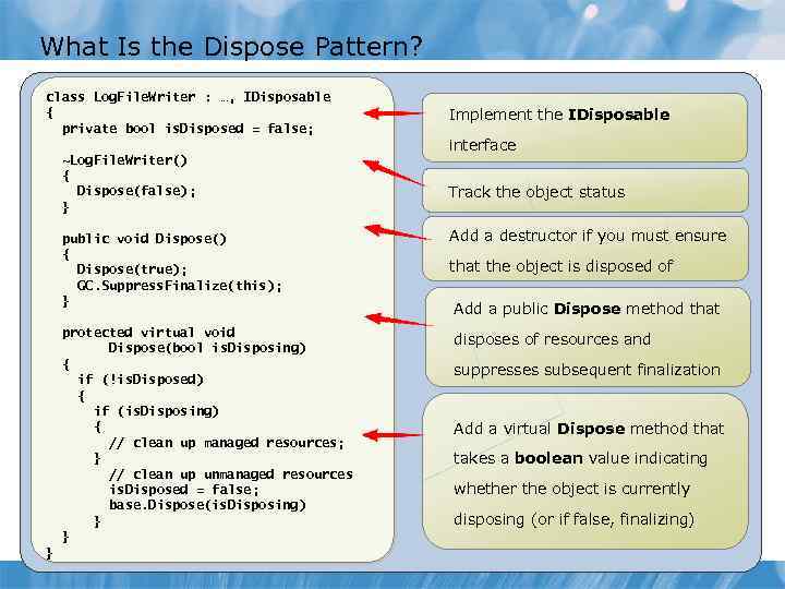 What Is the Dispose Pattern? class Log. File. Writer : …, IDisposable { private