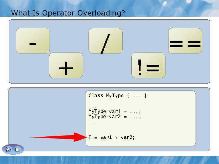 What Is Operator Overloading? - + / != Class My. Type {. . .