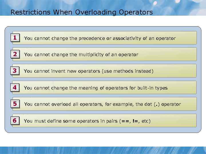 Restrictions When Overloading Operators 1 • You cannot change the precedence or associativity of