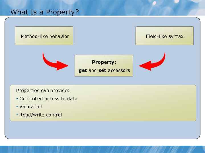 What Is a Property? Method-like behavior Field-like syntax Property: get and set accessors Properties