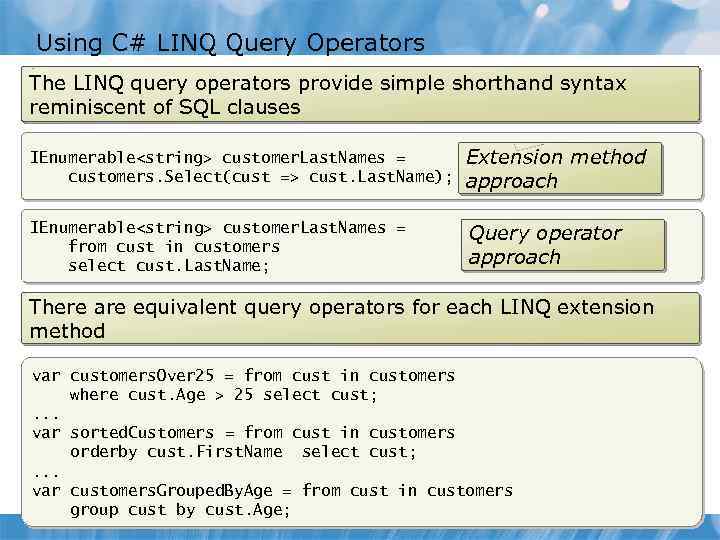 Using C# LINQ Query Operators The LINQ query operators provide simple shorthand syntax reminiscent