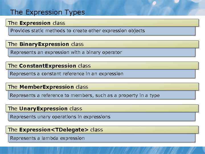 The Expression Types The Expression class Provides static methods to create other expression objects