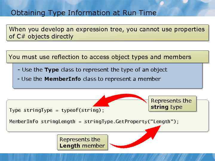 Obtaining Type Information at Run Time When you develop an expression tree, you cannot