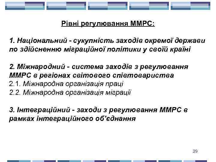 Рівні регулювання ММРС: 1. Національний - сукупність заходів окремої держави по здійсненню міграційної політики
