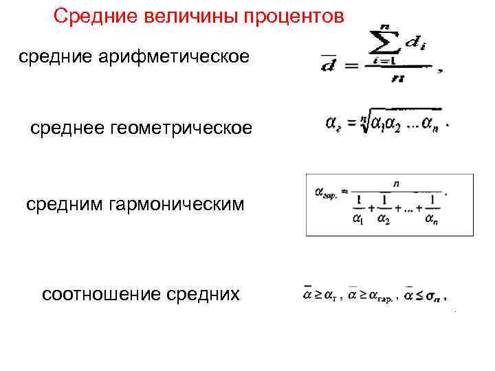 Средние величины процентов средние арифметическое среднее геометрическое средним гармоническим соотношение средних 