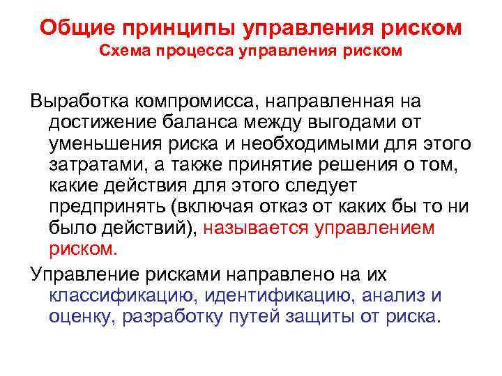 Общие принципы управления риском Схема процесса управления риском Выработка компромисса, направленная на достижение баланса