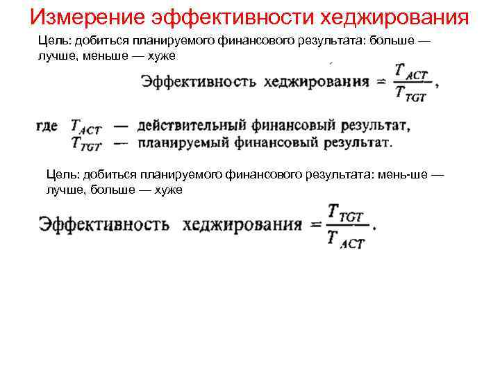 Измерение эффективности хеджирования Цель: добиться планируемого финансового результата: больше — лучше, меньше — хуже