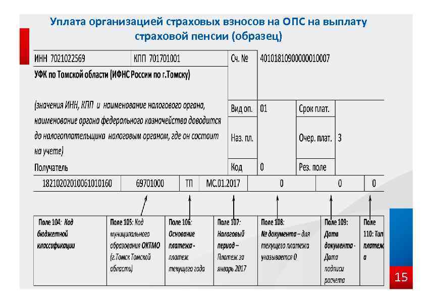Уплата организацией страховых взносов на ОПС на выплату страховой пенсии (образец) 15 