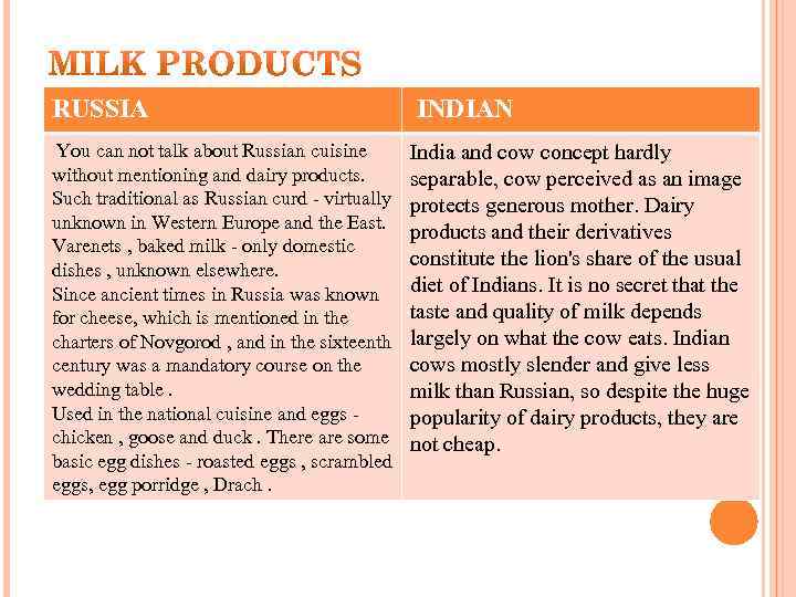 RUSSIA You can not talk about Russian cuisine without mentioning and dairy products. Such