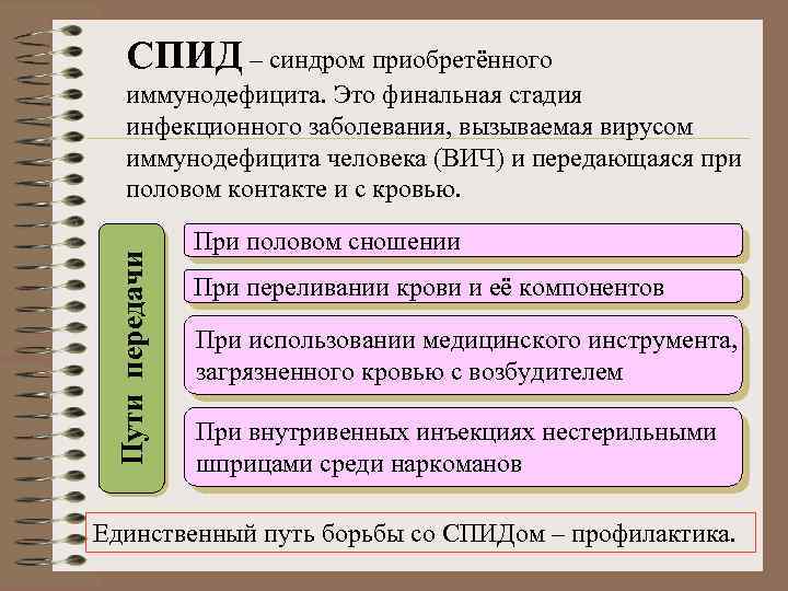 СПИД – синдром приобретённого Пути передачи иммунодефицита. Это финальная стадия инфекционного заболевания, вызываемая вирусом