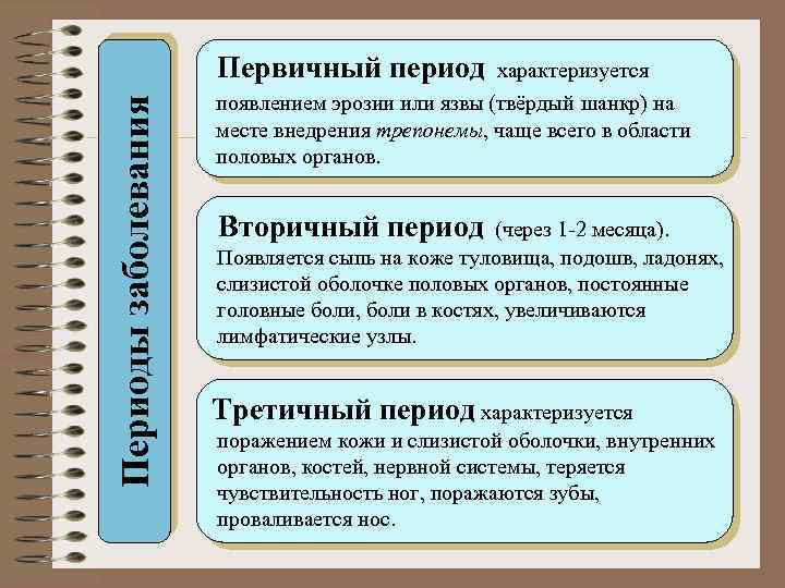 Периоды заболевания Первичный период характеризуется появлением эрозии или язвы (твёрдый шанкр) на месте внедрения