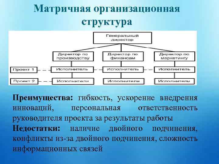 Матричная организационная структура Преимущества: гибкость, ускорение внедрения инноваций, персональная ответственность руководителя проекта за результаты