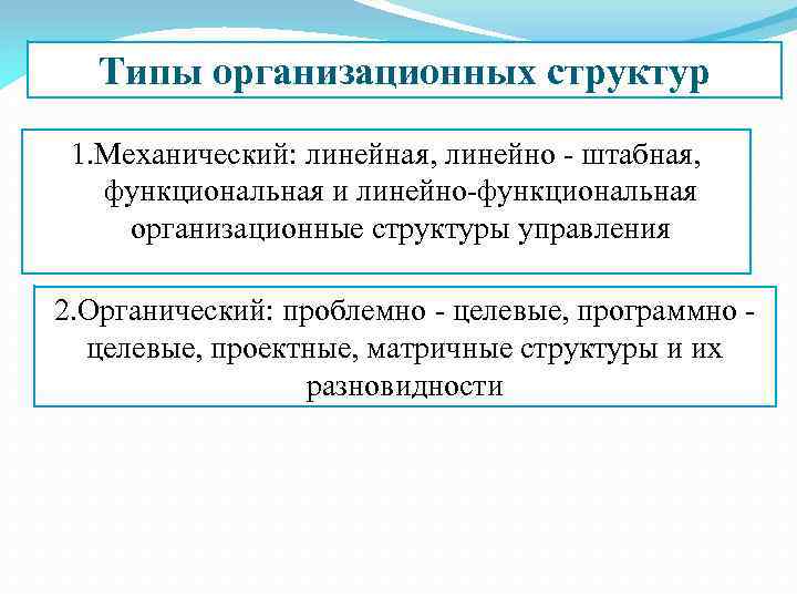 Типы организационных структур 1. Механический: линейная, линейно - штабная, функциональная и линейно-функциональная организационные структуры