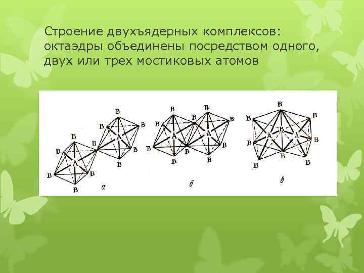 Строение двухъядерных комплексов: октаэдры объединены посредством одного, двух или трех мостиковых атомов 