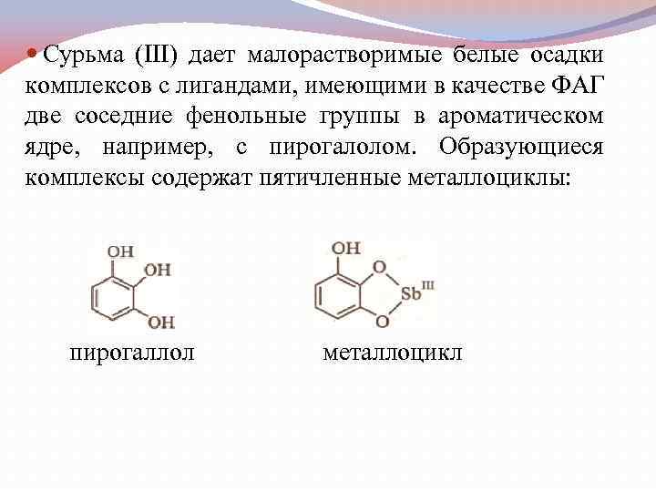  Сурьма (III) дает малорастворимые белыe осадки комплексов с лигандами, имеющими в качестве ФАГ