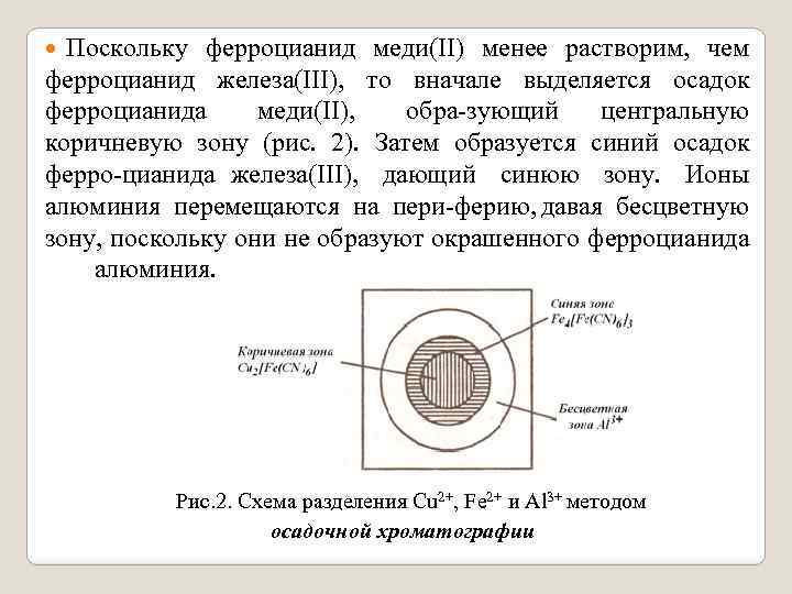 Поскольку ферроцианид меди(II) менее растворим, чем ферроцианид железа(III), то вначале выделяется осадок ферроцианида меди(II),