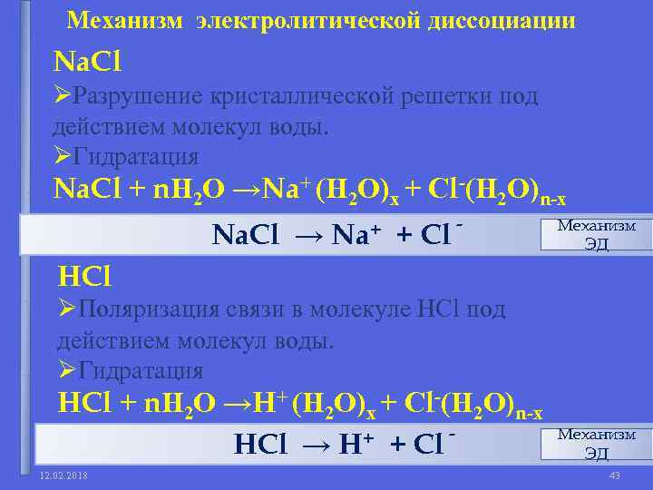 Механизм электролитической диссоциации Na. Cl ØРазрушение кристаллической решетки под действием молекул воды. ØГидратация Na.
