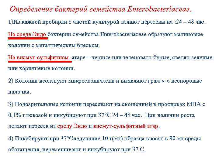  Определение бактерий семейства Enterobacteriaceae. 1)Из каждой пробирки с чистой культурой делают пересевы на