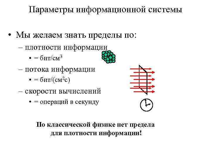 Параметры информационной системы • Мы желаем знать пределы по: – плотности информации • =